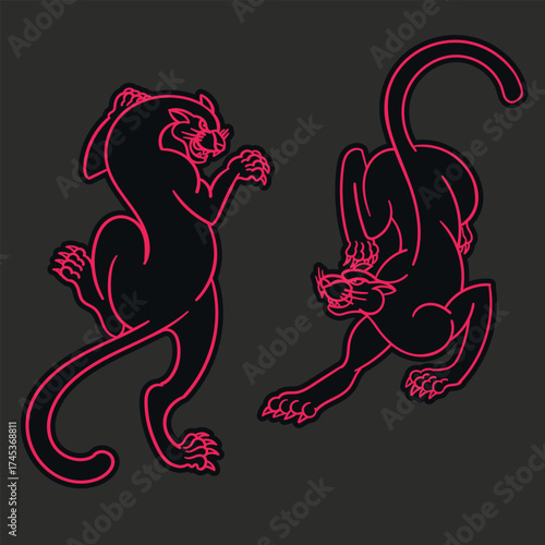 Black panther Jaguar wild cat tattoo vector illustration
