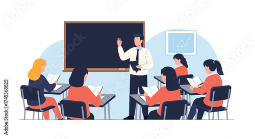A teacher stands in front of a blackboard addressing students in a classroom.