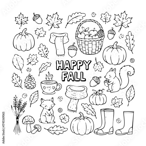 Hand-drawn Doodle Style Autumn Vector Illustration Fall Season Elements for Posters, Packaging, and Wallpaper. leaves, pumpkin, mushroom, acorn and more