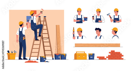Professional painters working on interior renovation project using ladders and tools.