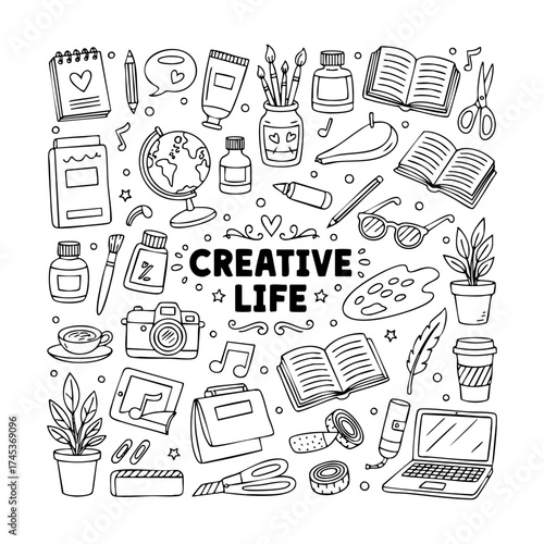 Hand-drawn doodle style stationery vector illustration set with pencils, pens, notebooks, and art supplies, perfect for posters, packaging, and educational designs