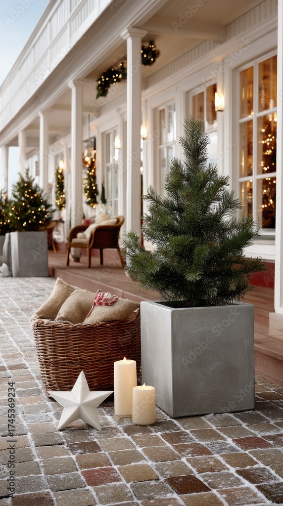 Fototapeta premium Holiday decorations featuring gold stars and lush plants are arranged along a quaint street, inviting warmth and cheer to passersby