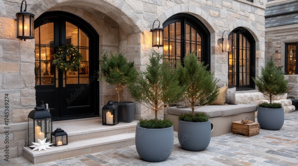 Fototapeta premium Holiday decorations featuring gold stars and lush plants are arranged along a quaint street, inviting warmth and cheer to passersby