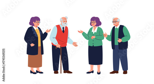 Four elderly people are standing and talking together outdoors.