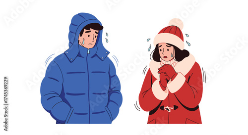 Two people feeling cold and shivering in winter clothes.