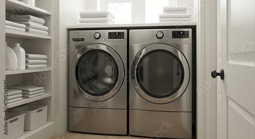 Wallpaper Mural Modern Laundry Room with Front Loading Washing Machine and Dryer in Bright White Space Torontodigital.ca