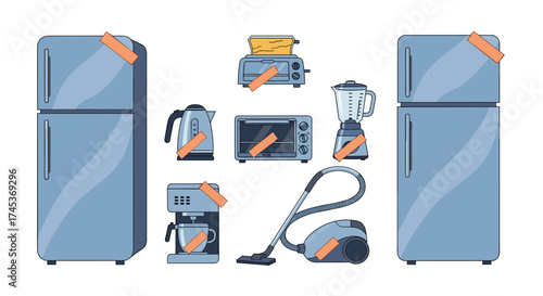 An assortment of household kitchen appliances on a white background.