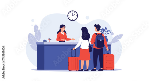 A couple checks in at the hotel reception desk with their luggage.