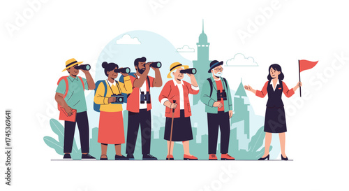 A diverse group of tourists with binoculars and cameras led by a guide.
