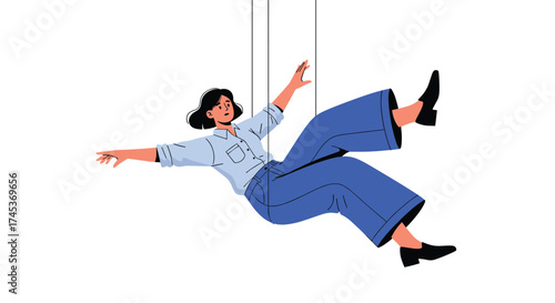 A woman in blue pants and a light blue shirt is falling.