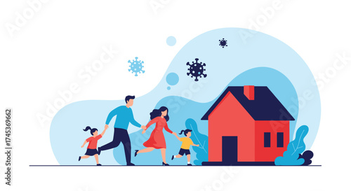 Family running away from a house during a virus outbreak.