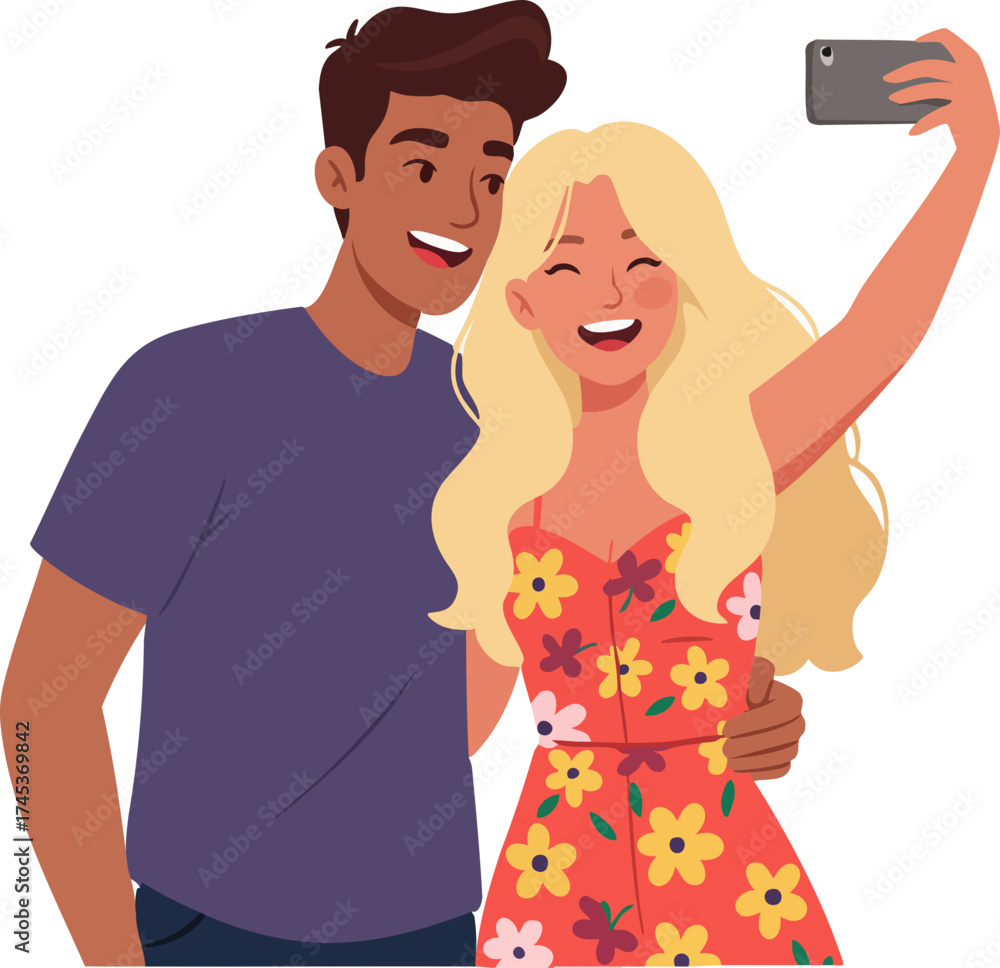 Obraz premium Flat Illustration Couple Taking Selfie with Smartphone and Enjoying Together