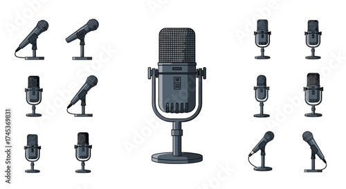 A collection of various vintage microphones with detailed pixel art.