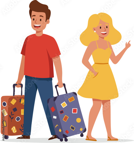 Cartoon Style Detailed Illustration of Couple with Luggage Travel Illustration