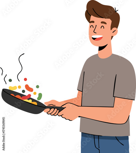 Cartoon Smiling Young Man Cooking Food in Frying Pan Illustration