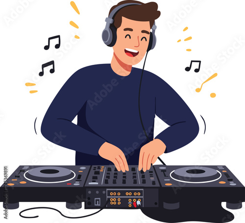 Happy Cartoon DJ Mixing Music with Turntable and Headphones Illustration