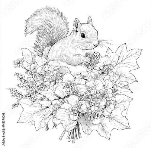 coloring page for adults, clean line art bouquet of autumn leaves squirrel