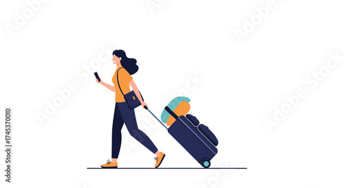 A woman with luggage walks while looking at her phone.