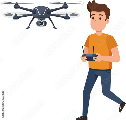 Flat Style Person Operating Drone with Remote Control Illustration