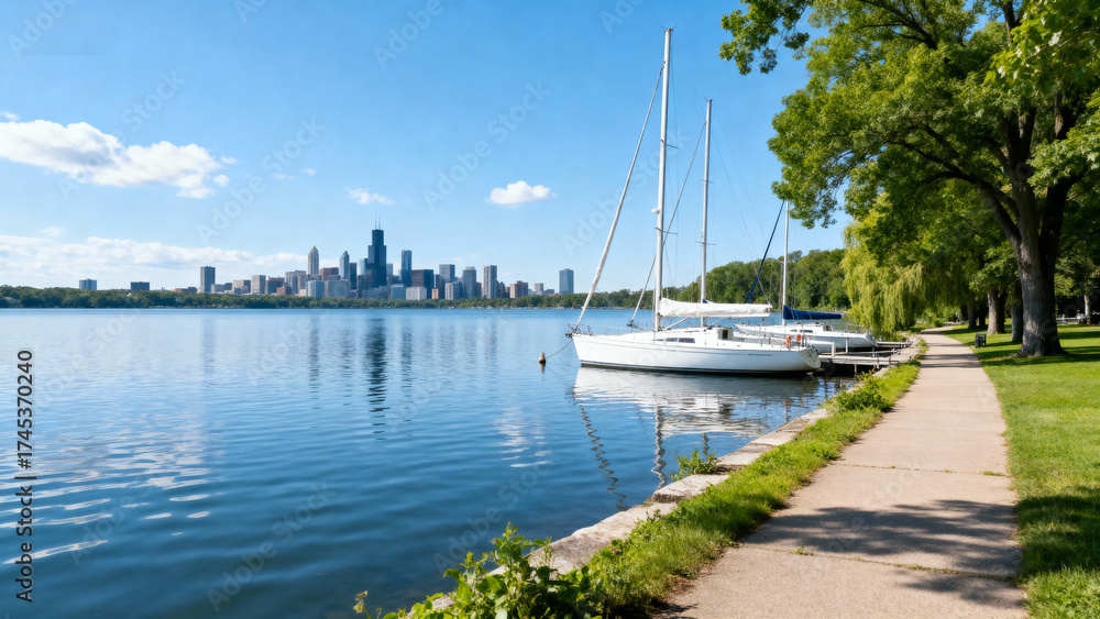 Fototapeta premium Sailboats on lake with city skyline