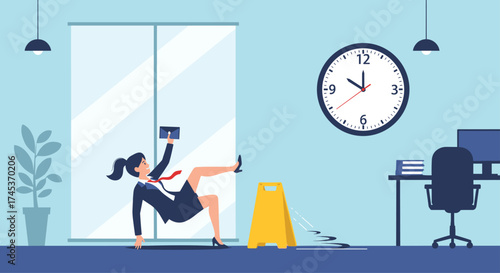 Woman slips on wet floor in office environment.