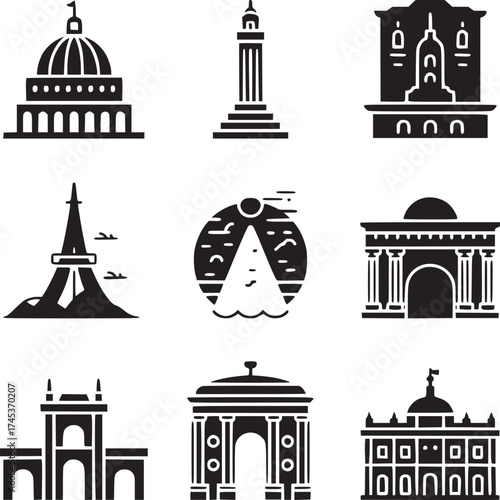 A collection of nine black and white vector icons depicting various landmarks and architectural structures