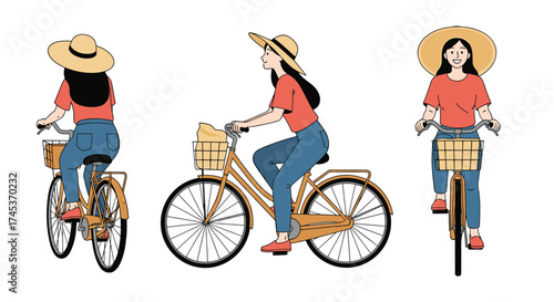 A woman wearing a hat rides a bicycle from three different angles.