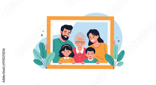 A happy family portrait in a golden frame.