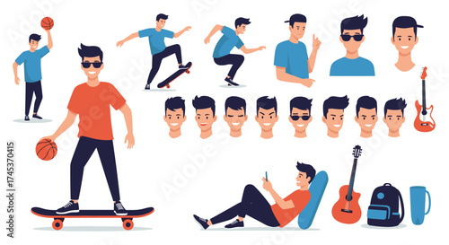 Collection of young men engaged in various recreational activities.