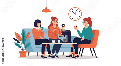 Three friends enjoying coffee and donuts at a cafe.