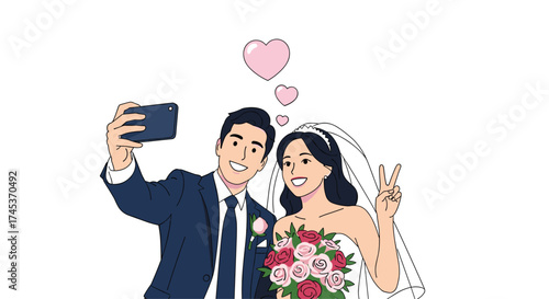 A happy couple taking a selfie on their wedding day.