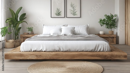 Modern bedroom with wooden platform bed and plants