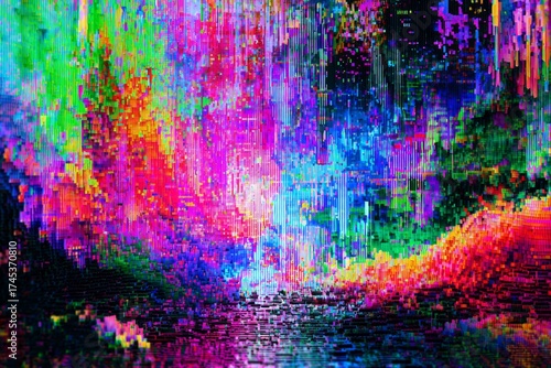 Abstract digital art shows colorful vertical blocks creating a vibrant, textured curtain effect above a dark foreground.