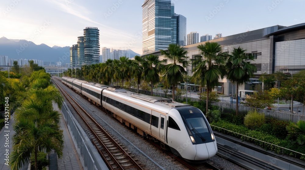 Naklejka premium A sleek tram moves gracefully down a path surrounded by trees and modern architecture under a clear sky, showcasing urban transport