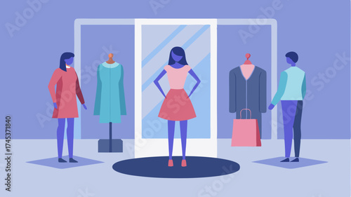 A digital fitting room in a boutique where customers see themselves in outfits projected onto a mirror allowing for easy size adjustments.