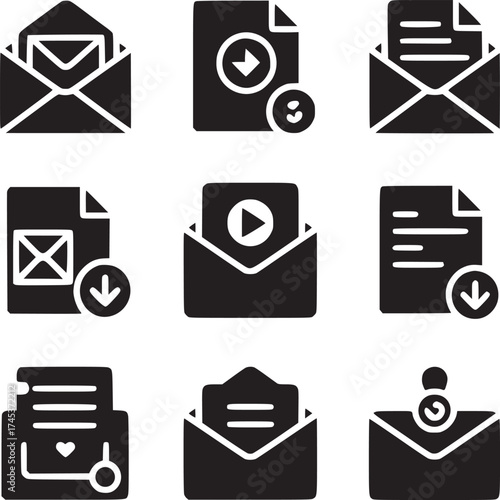 Collection of nine black and white icons depicting envelopes and documents for digital communication