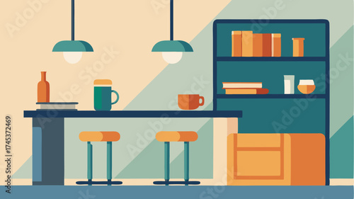 A compact kitchen area with streamlined cabinetry a floating shelf displaying a few cookbooks and minimalist bar stools at a breakfast counter.