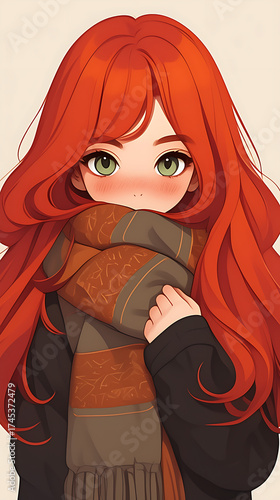 Cute little girl with long Japanese hair, wearing a thick scarf