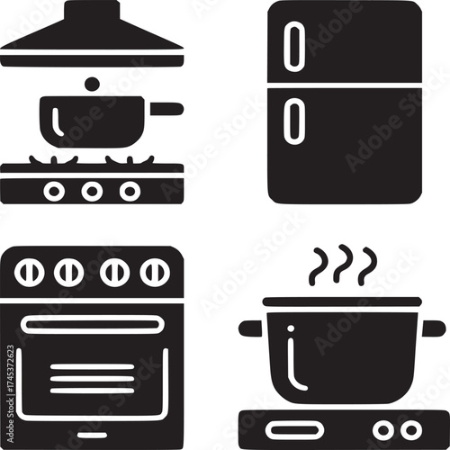 Black and white kitchen appliances including a stove, refrigerator, and oven in a square format