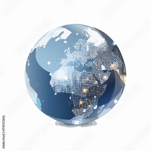 A detailed illustration of planet Earth, showcasing continents and illuminated city lights.