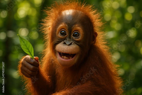 A medium shot of a wild orangutan in the forest with a curious and expressive look on its face. Surrounded by lush green foliage, this image captures a candid moment of wildlife communication and inte