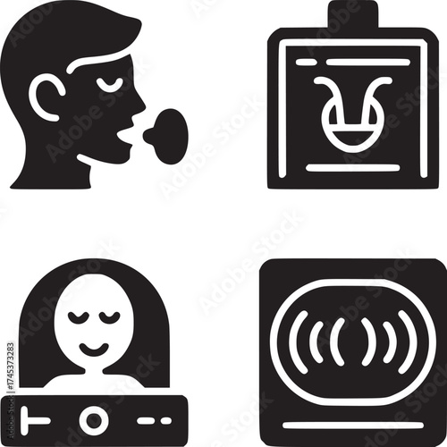 Four black and white icons depicting medical and health related concepts in a square arrangement