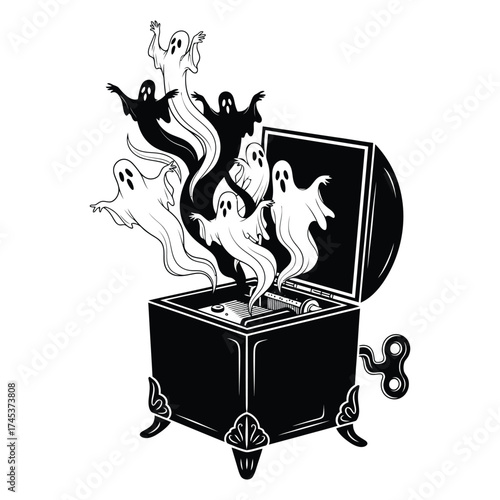 Vector art of spooky ghosts escaping from a vintage music box