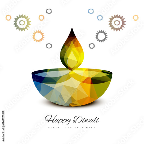 Colorful Geometric Diwali Lamp with Glowing Flame, Vibrant Festival Light Illustration, Decorative Indian Artwork for Seasonal Celebration, Holiday Greeting, and Festive Decor Design