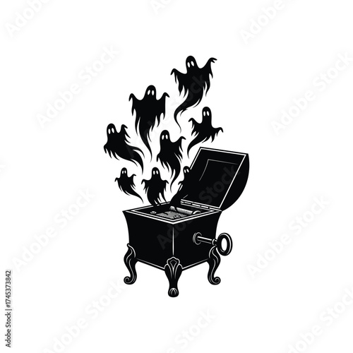 Vector art of vintage music box releasing spooky ghosts
