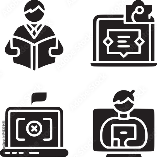 Four black and white icons depicting a person reading, laptop with message, and video conference call
