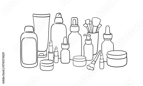 Сosmetic set with tube of face and body cream in line art style on white background. Spa salon, body and face care outline. Vector illustration	