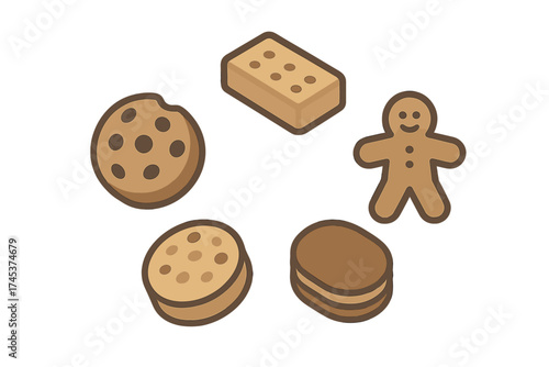 Isometric assorted sweet cookies and biscuits including gingerbread man and chocolate chip