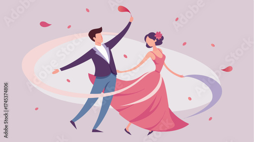 A dancing couple in formal attire captured midtwirl with swirling petals around them conveying the joy and magic of the first dance.
