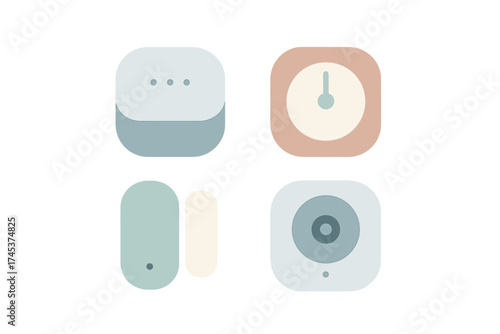 Minimalist smart home technology icons: speaker, thermostat, security camera, and door sensor